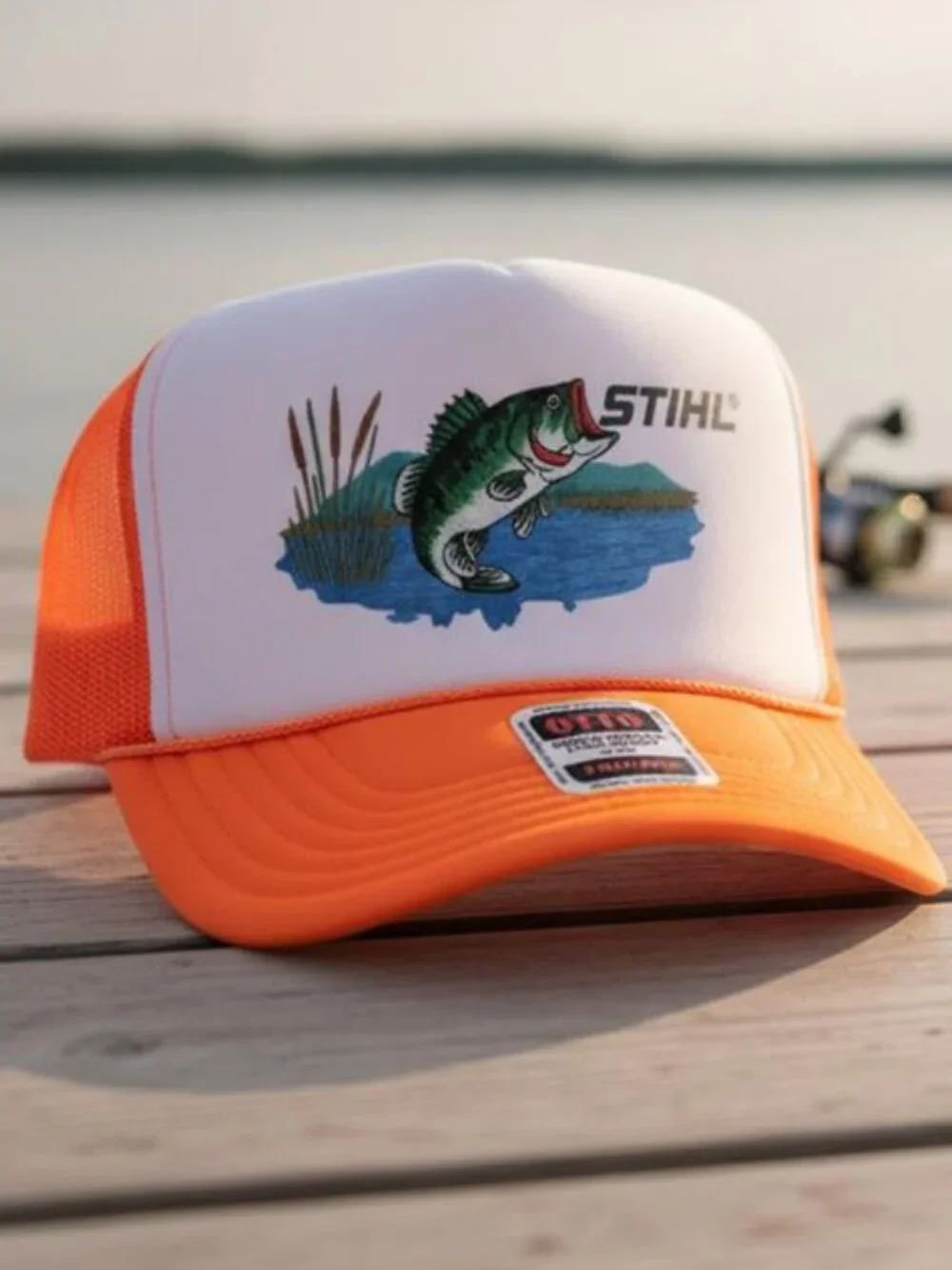 Retro Largemouth Bass Fishing Foam Trucker Hat Orange White Cap Reel Outdoors